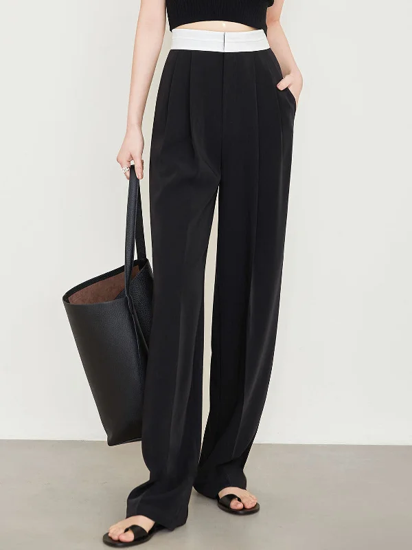 BerryBetty - Contrast Waistband Pleated Full Length Wide Leg Pants Sharp Women's Italian
