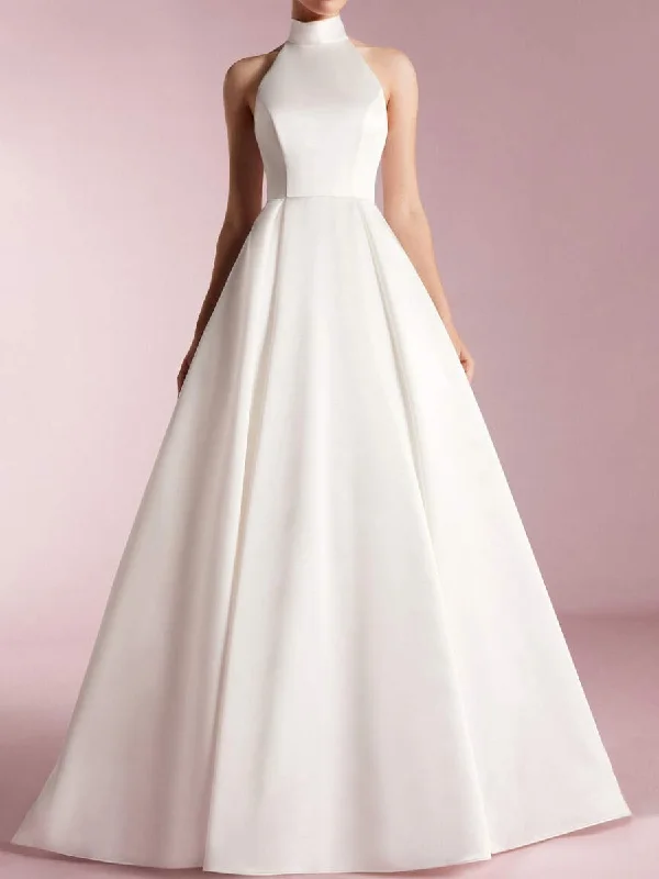 High Neck Sleeveless Wedding Dress Luxury Satin A-Line Dynamic Women's Moto
