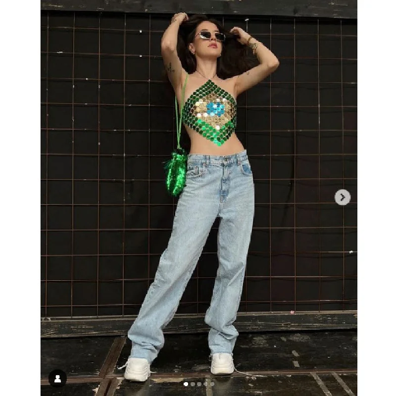 Fashion Stitching Acrylic Sequins Hanging Neck Tops Wholesale Womens Tops Traditional Women's Fashion Stitching Acrylic Sequins Hanging Neck Tops Wholesale Womens Tops Traditional Women's