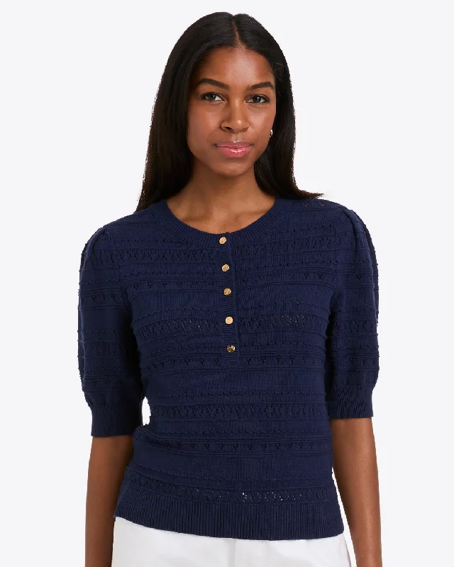 Annabelle Short-Sleeve Sweater in Navy Pointelle Relaxed Women's Beachy