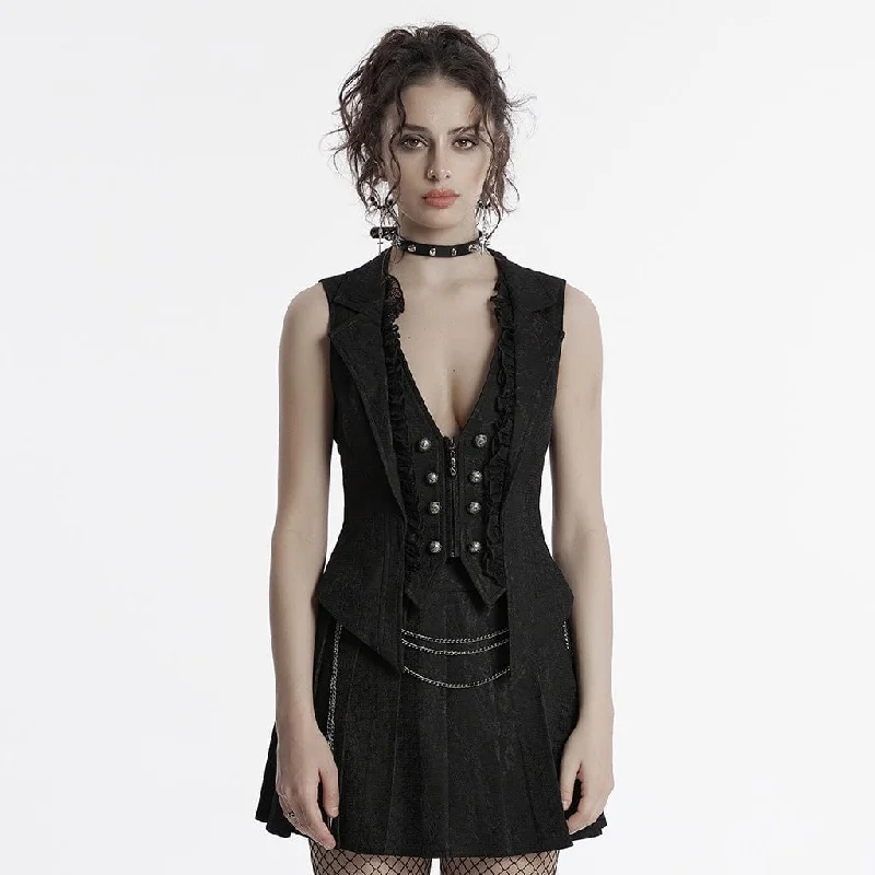 Women's Gothic Ruffled Lace Splice Lapel Vest Black Elegant Women's Formal 