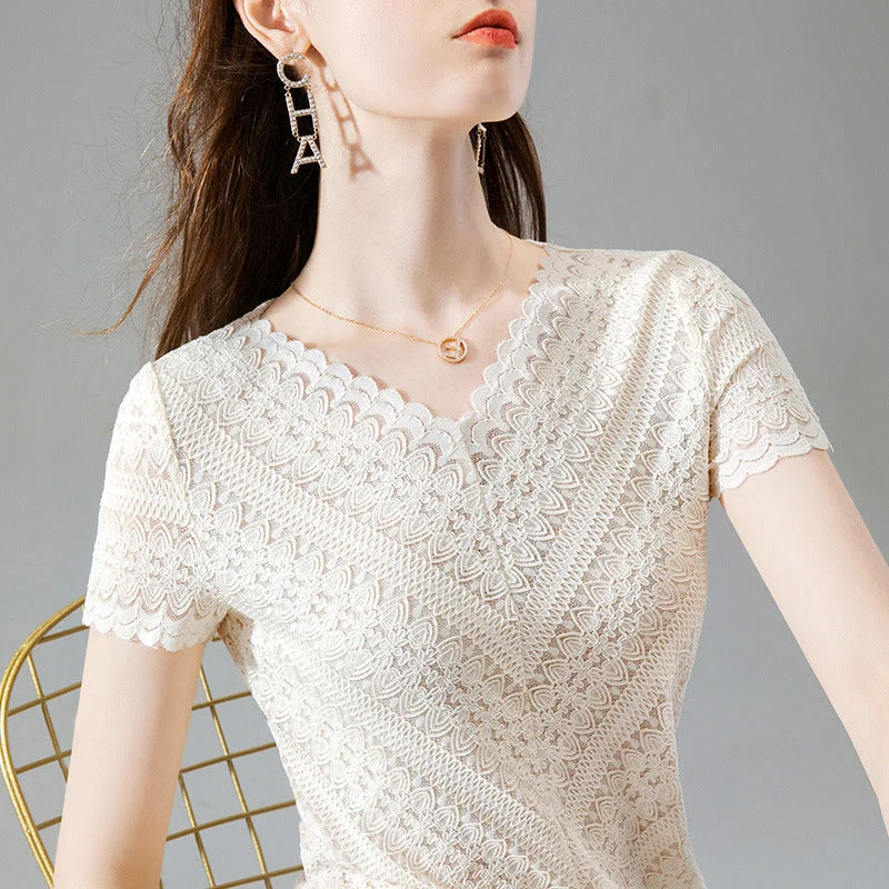 Julia Fashion - Cream Color Hollow Lace T-shirt Geometric