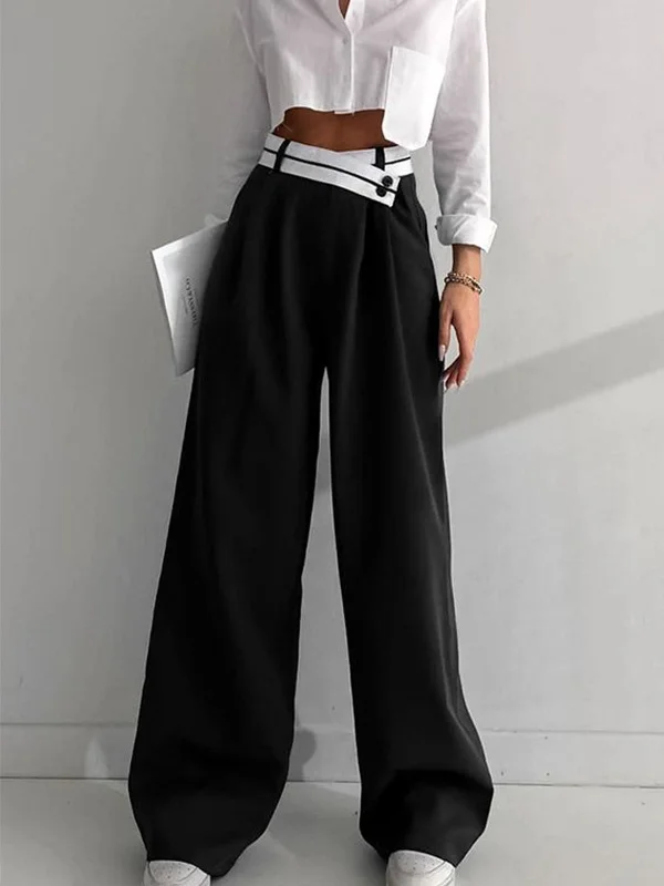 BerryBetty - Asymmetrical Contrast Waistband Wide Leg Dress Pants Geometric