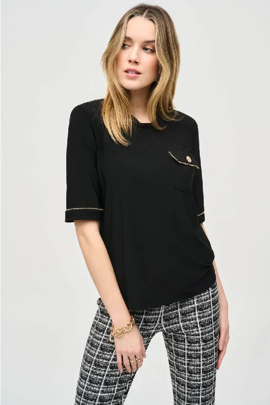 Joseph Ribkoff Black Ball Link Chain Trim Short Sleeve Top 243229 Refined Women's Classic 