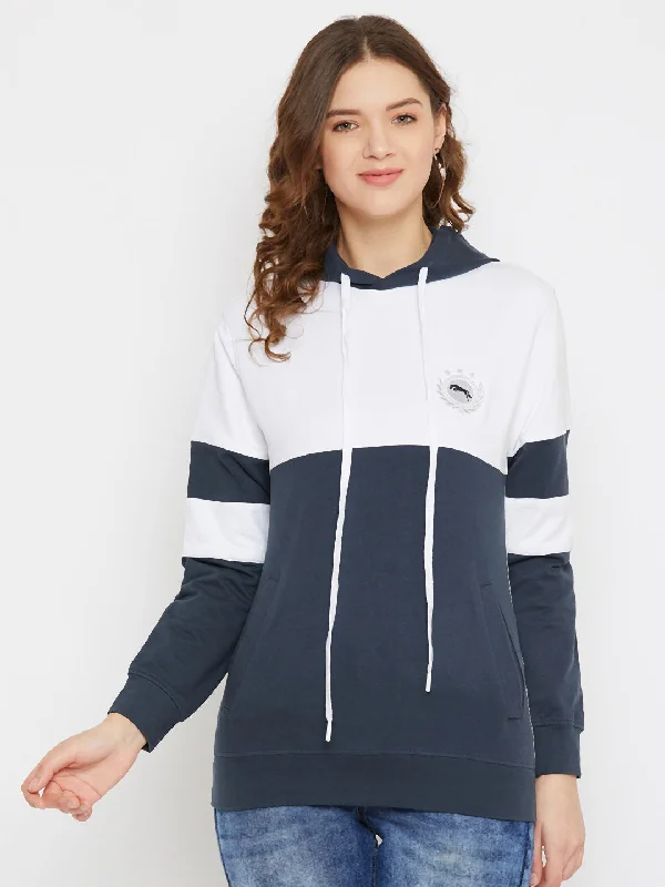 JUMP USA Women Navy Blue Cotton Hooded Sweatshirt Relaxed Women's Beachy