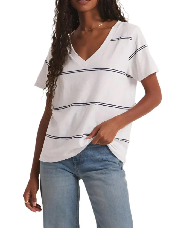 Z Supply Striped V Neck Pocket Tee White garde