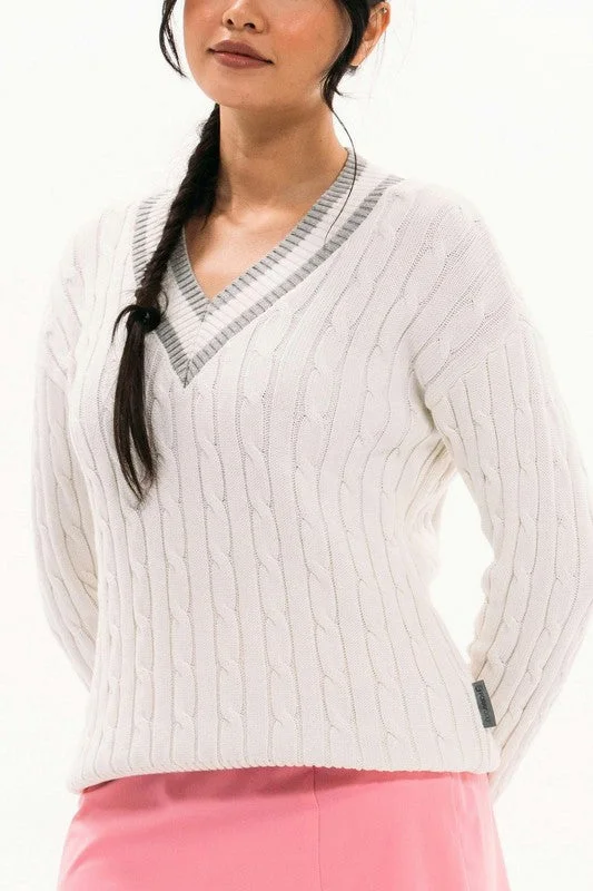 Foray Golf V-Neck Heritage Cable Sweater - White Confident Women's Power