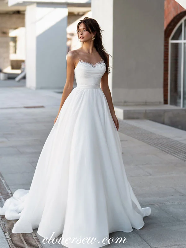 White Organza Pleating Beading Neckline A-line Simple Wedding Dresses, CW0362 Cool Women's Skate White Organza Pleating Beading Neckline A-line Simple Wedding Dresses, CW0362 Cool Women's Skate