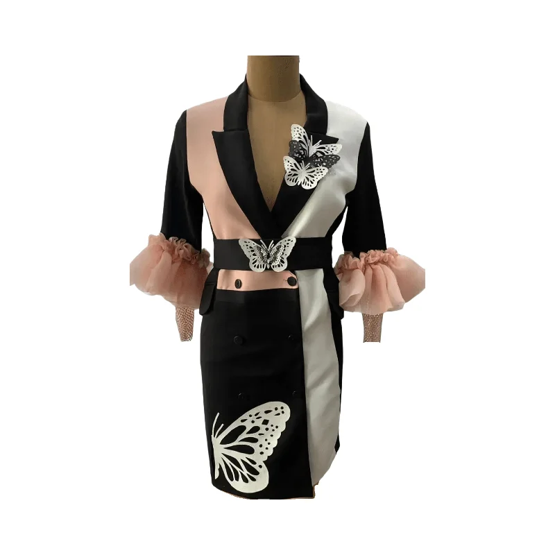 Pink Color Block Blazer Dress Cozy Women's Sherpa - lined