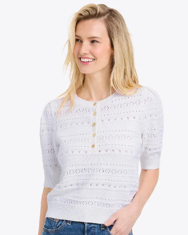 Annabelle Short-Sleeve Sweater in White Pointelle Traditional Women's Wool