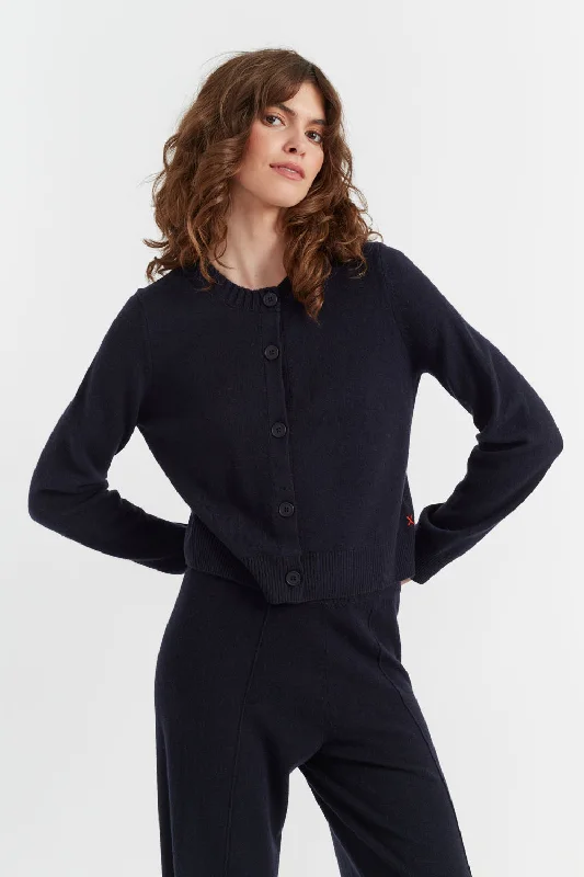 Navy Wool-Cashmere Crew Neck Cardigan Athletic Women's 