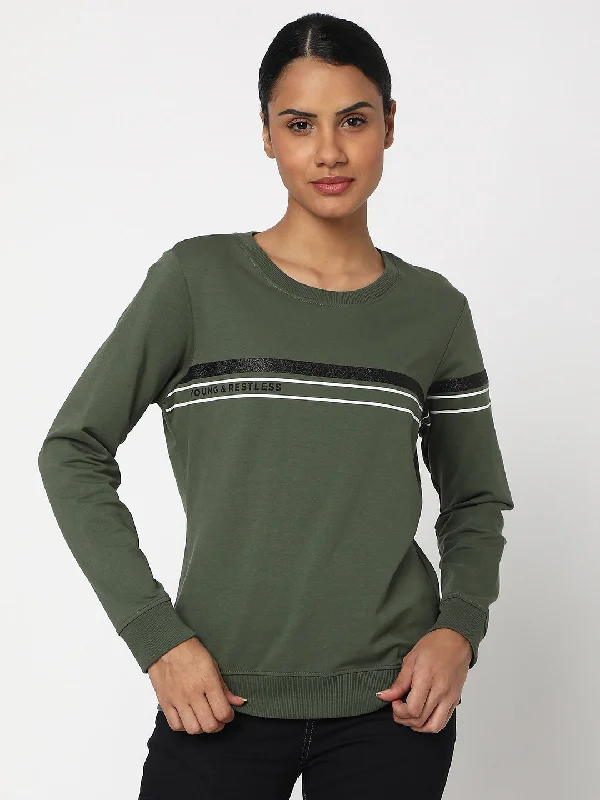 Spykar Olive Green Cotton Blend Full Sleeve Round Neck Sweatshirts For Women Dapper Women's 1920S Spykar Olive Green Cotton Blend Full Sleeve Round Neck Sweatshirts For Women Dapper Women's 1920S
