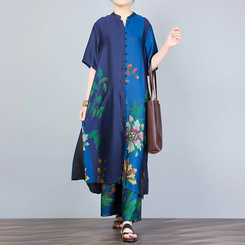 Women Blue Stand Collar Blouse And Wide Leg Pants Two Pieces Refined Women's 