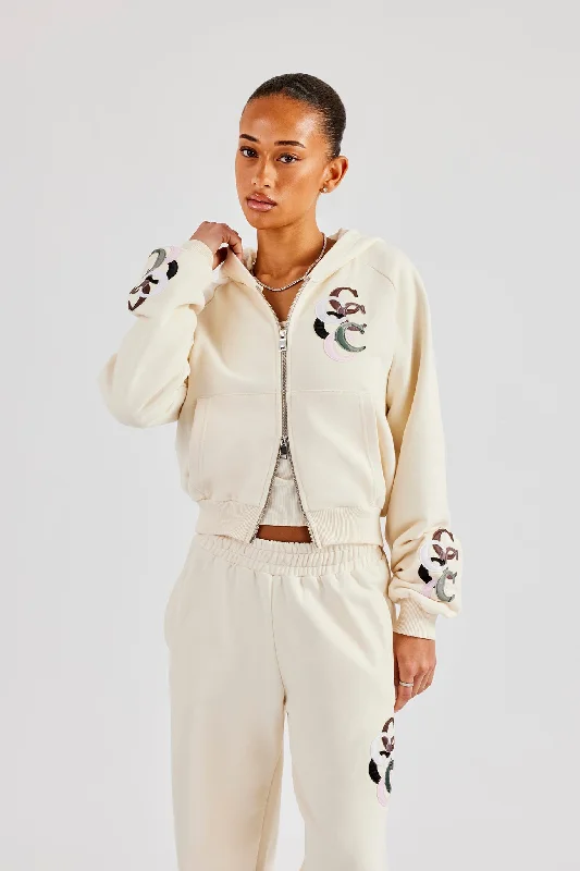 Cropped Washed Layered Applique Zip Hoodie - Off White Refined Women's Hand - crafted