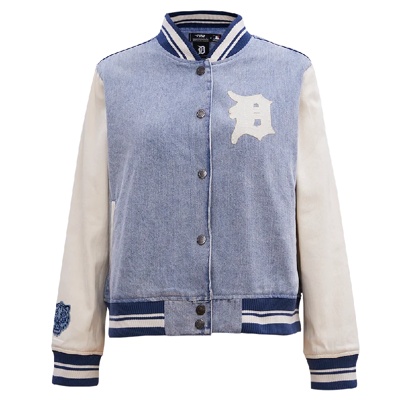 MLB DETROIT TIGERS VARSITY BLUES WOMEN'S DENIM VARSITY JACKET (DENIM/LINEN) Sporty Women's Athleisure 