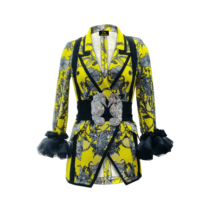 Canary Yellow Seahorse Blazer Casual Women's Loose - fitting