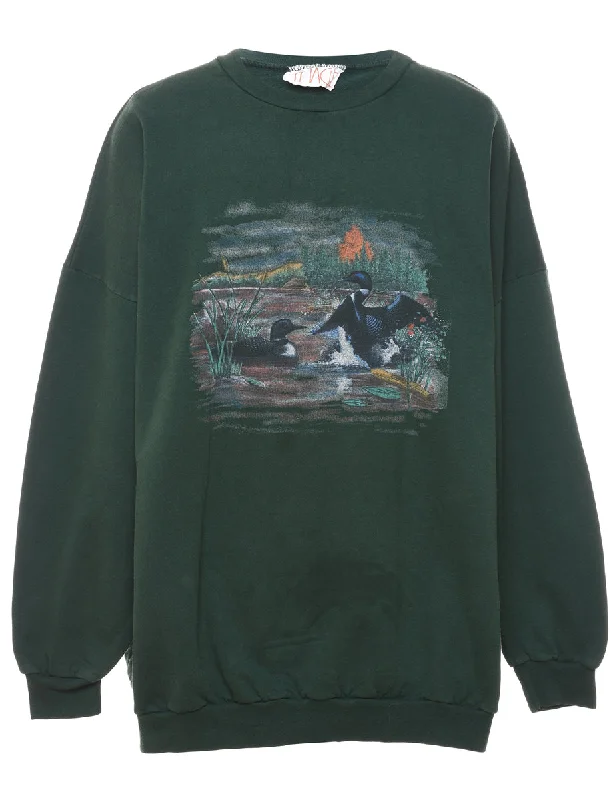 Dark Green Landscape Design Printed Sweatshirt - XL Laid - back Women's Style