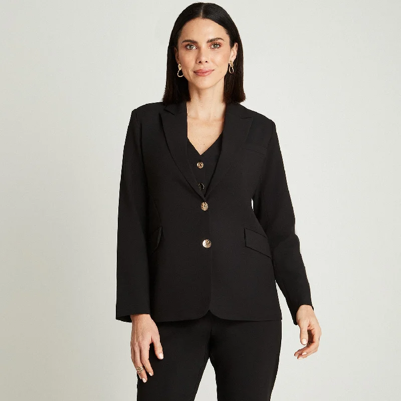 Blazer Negro Manga Larga Cuello Solapa Refined Women's 