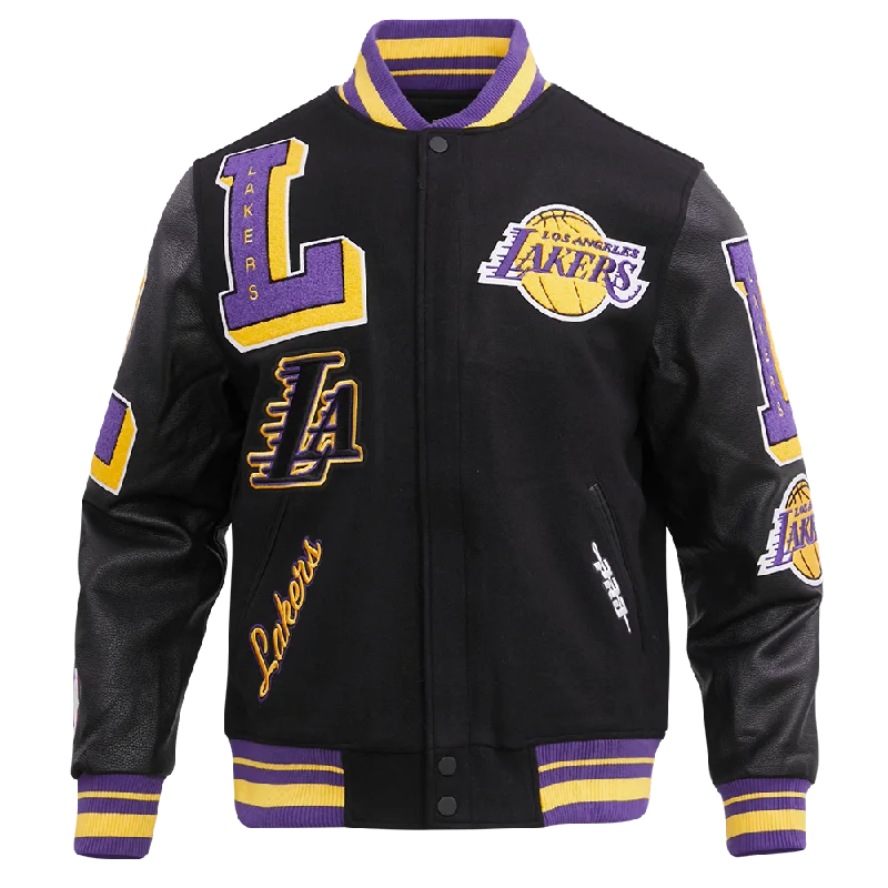 NBA LOS ANGELES LAKERS MASHUP MEN'S RIB WOOL VARSITY JACKET (BLACK/PURPLE) Refined Women's Velvet