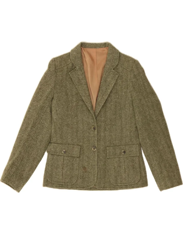 DORENE Womens 2 Button Blazer Jacket UK 12 Medium  Green Herringbone Wool Refined Women's Hand - crafted