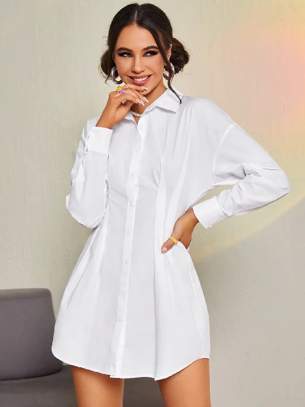 Plain Button Long Sleeve Collar Flared High Waist Short Womens Dress British Gentlewoman Style