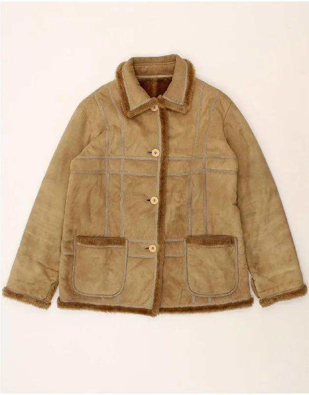 VINTAGE Womens Sherpa Jacket IT 48 XL Brown Polyester Edgy Women's Punk