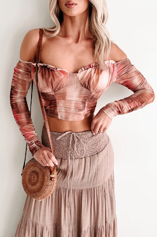 From Flirty To Fierce Sparkle Mesh Off The Shoulder Top (Dry Rose) Sustainable Organic