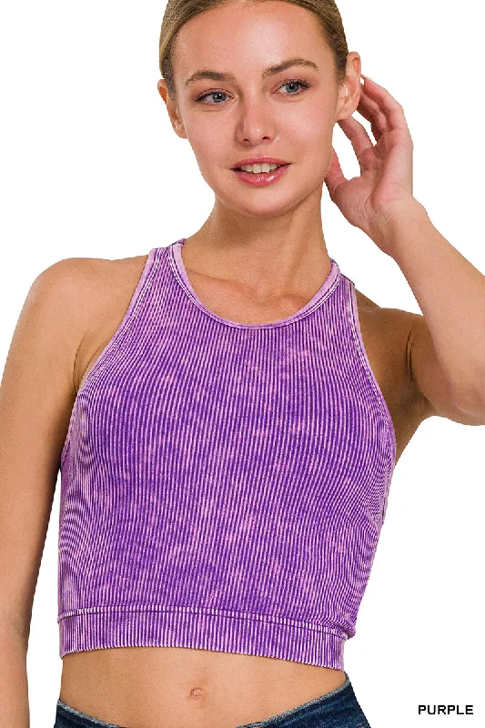 Zenana Padded Mineral Washed Ribbed Racer Crop NTW-6301 Luxurious Women's High -  end