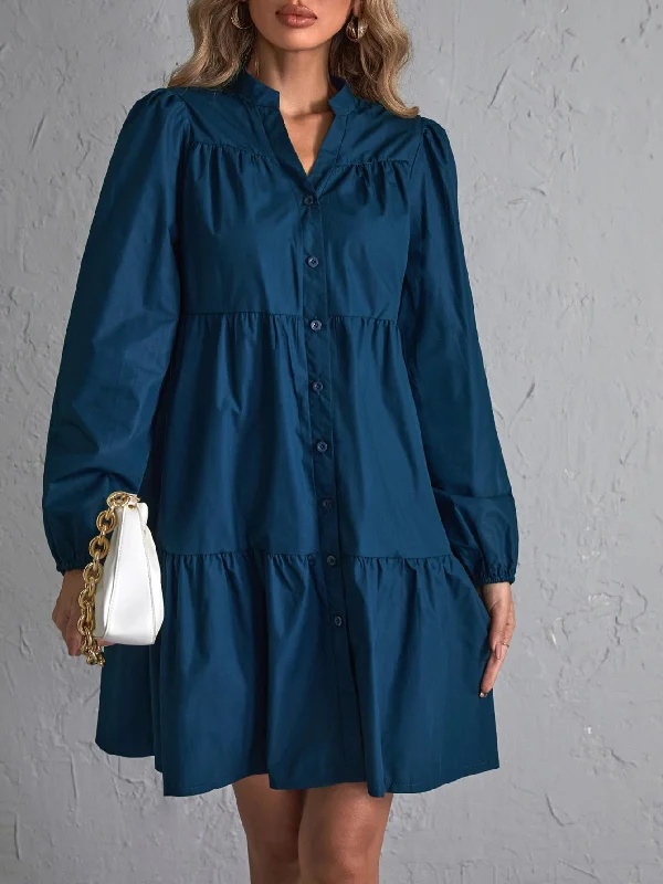 Plain Button Front Long Sleeve Notched Flounce High Waist Short Dress Streetwear Style for 