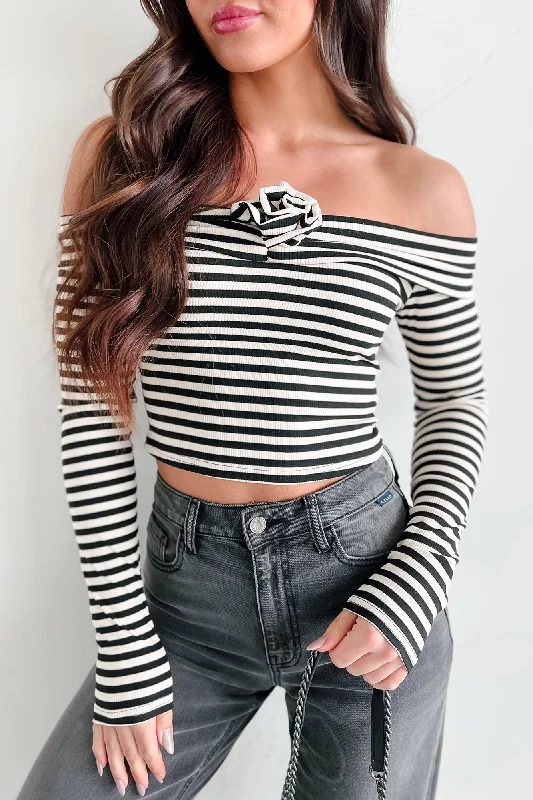 Lovestruck Fool Stripe Rosette Off The Shoulder Top (Black) Cozy Women's Sherpa - lined