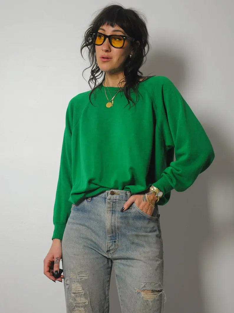 Soft Kelly Green Sweatshirt Artistic Women's Hand - painted