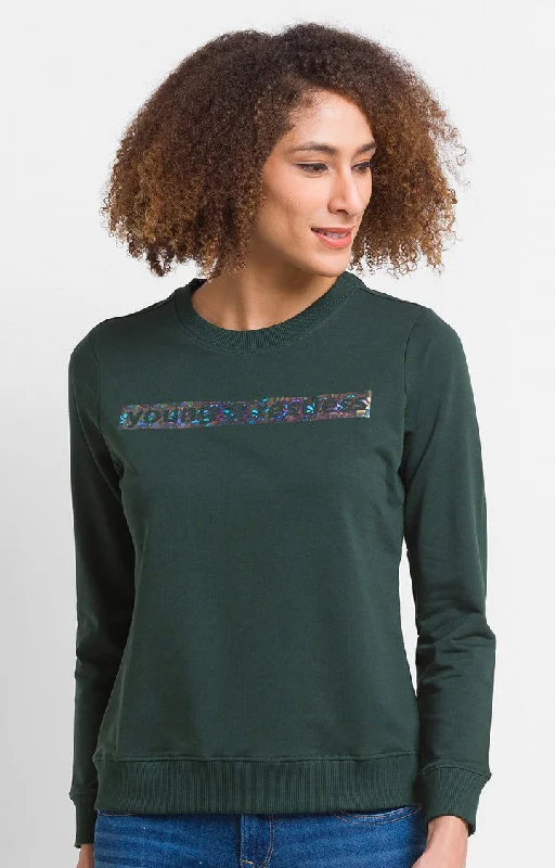 Spykar Bottle Green Blend Full Sleeve Round Neck Sweatshirts For Women Dynamic Women's High - energy