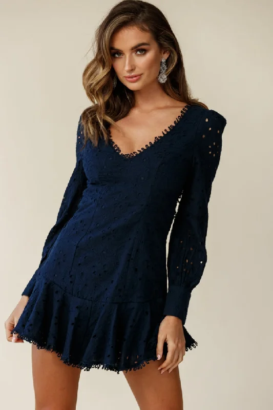 Camellia Open Back Cuff Sleeve Dress Anglaise Navy Feminine Women's Style 