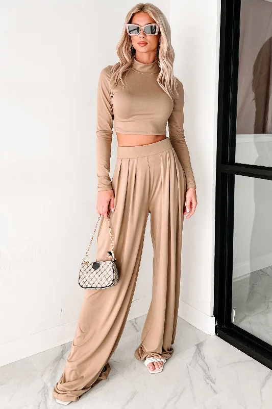Faded Dreams Long Sleeve Crop Top & Pant Set (Khaki Dark) Feminine Women's Style 
