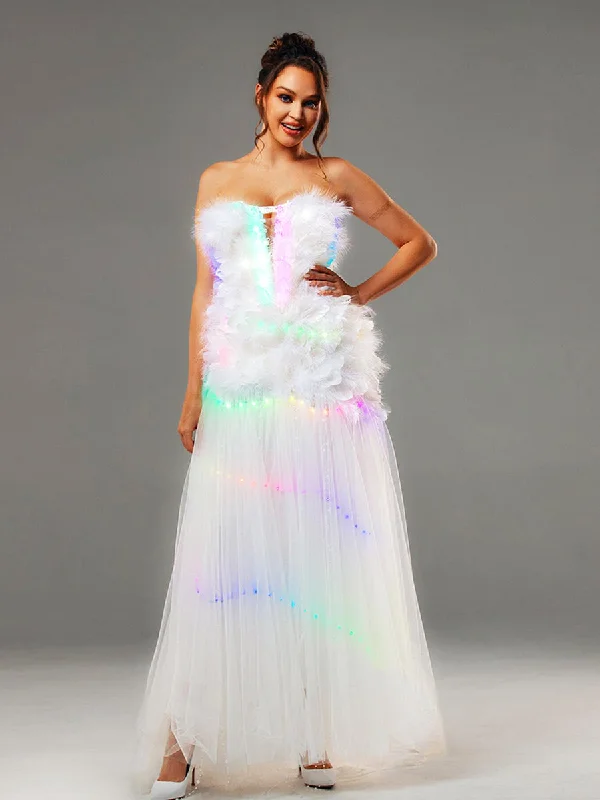 Strapless A Line Wedding Dress Feather With LED Lights Up Dynamic Women's Moto