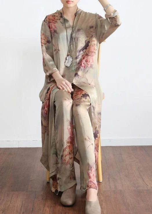 2023 New Vintage Prints Silk Cardigan Tops And Pants Two Pieces garde