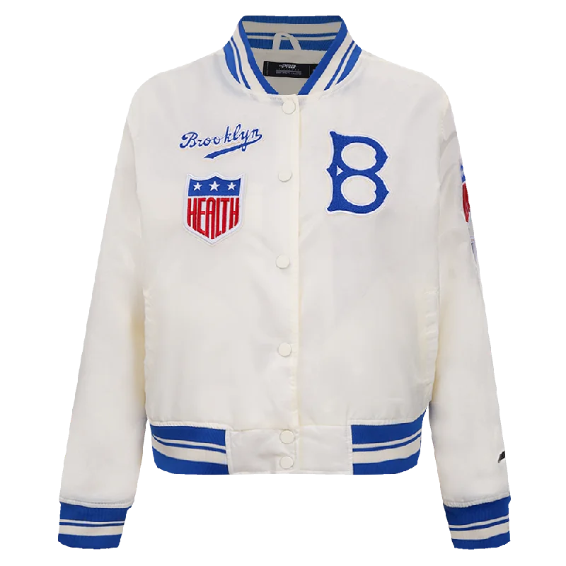 MLB BROOKLYN DODGERS RETRO CLASSIC WOMEN'S RIB SATIN JACKET (EGGSHELL/ ROYAL BLUE) Vacation
