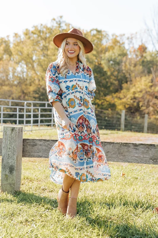 Blue Multi Border Print Midi Dress - FINAL SALE Artistic Women's Hand - painted