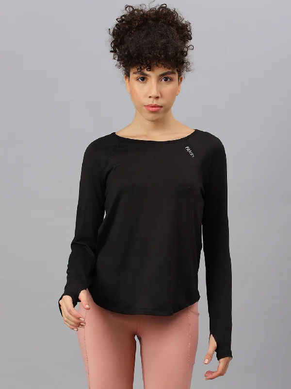 Fitkin women's black round neck back laser cut design full sleeves t-shirt Trendy Women's Oversized