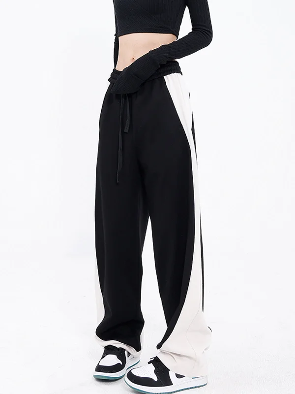 BerryBetty - Drawstring Two Tone Baggy Wide Leg Pants Sporty Women's Athleisure 