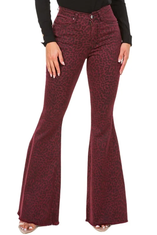 Leopard Bell Bottom Jean in Burgundy Luxurious Women's High -  end