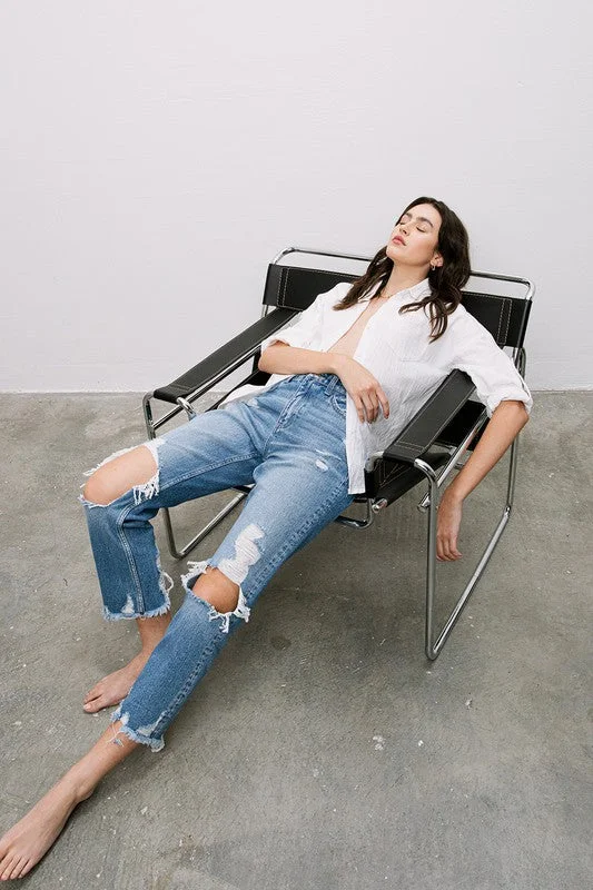 High Rise Tattered Straight Sporty Women's Athleisure 