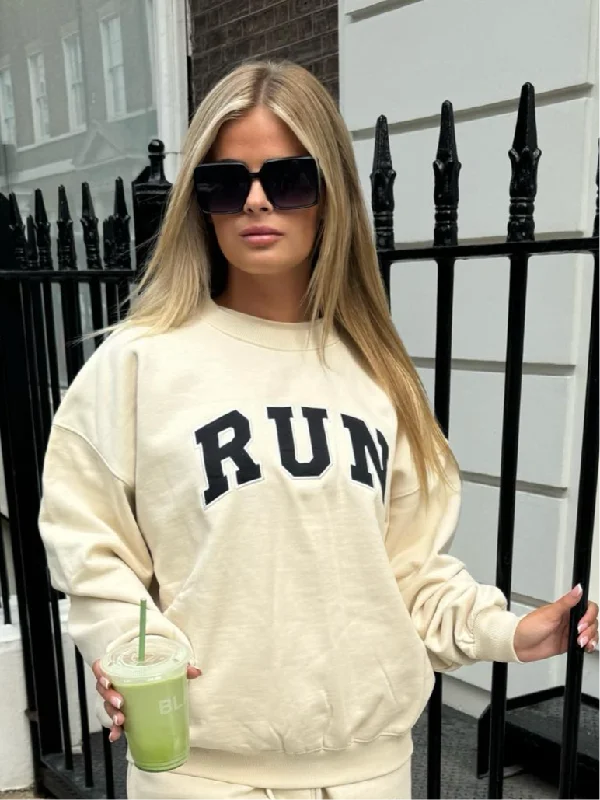 Run Appliqué 100% Cotton Sweatshirt Cream Sharp Women's Italian