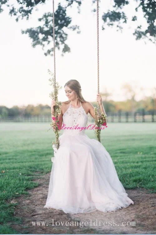 A-line Halter Lace Boho Wedding Dresses with Tulle Skirt Elegant Women's Formal 