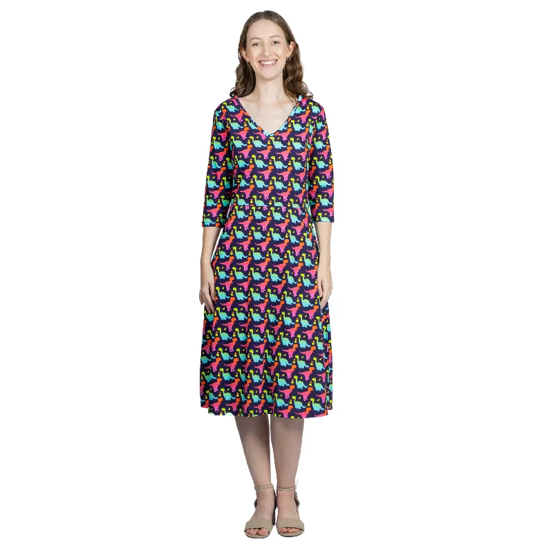 Colorful Dinosaurs 3/4th Sleeves A-Line Midi Dress (With Waist Seam) Practical Women's Quick - dry