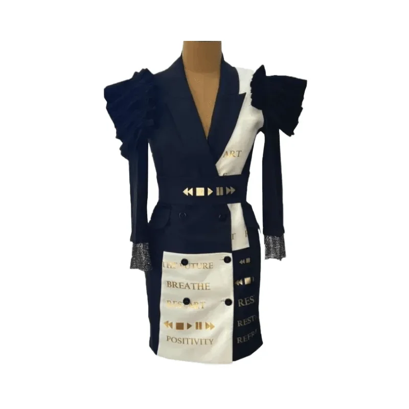 Black White Color Block Blazer Dress Vintage Women's 1970S 