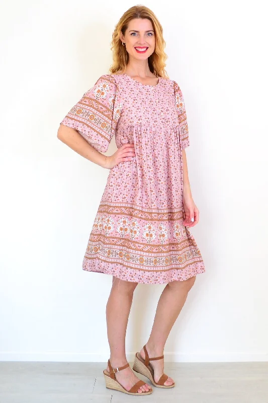 Pink Brown Bell Sleeve Tunic Dress Traditional Women's 
