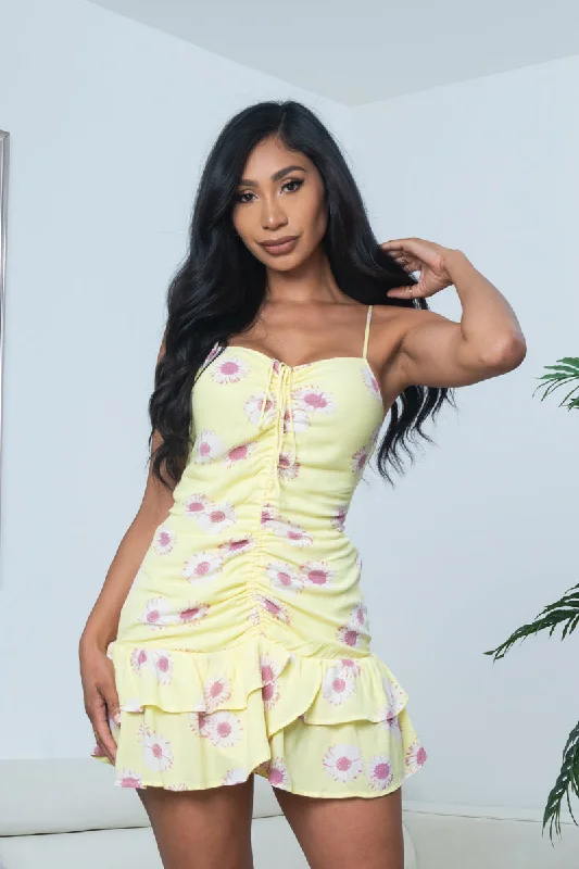 Sunflower Print Center Ruched Spaghetti Strap Mini Dress with Tiered Ruffle Hem in Yellow (4764DM) Feminine Women's Soft Sunflower Print Center Ruched Spaghetti Strap Mini Dress with Tiered Ruffle Hem in Yellow (4764DM) Feminine Women's Soft