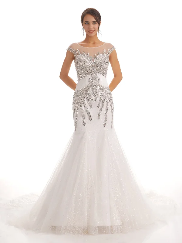 Cap Sleeves Scoop Long Mermaid Rhinestone Long Wedding Dresses Traditional Women's 