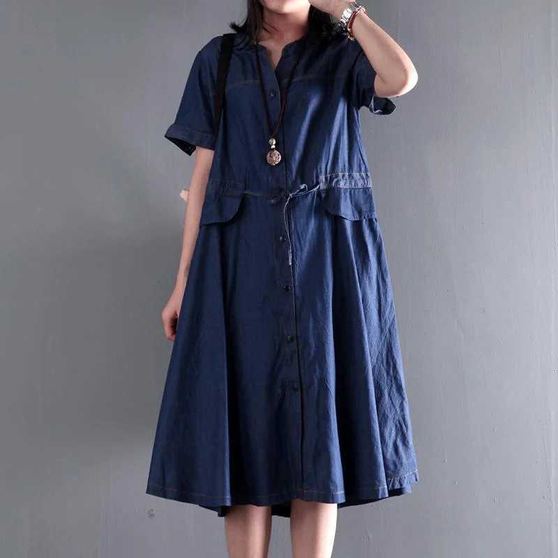 Navy blue summer denim maxi dress plus size denim sundress short sleeve fit flare dress Luxurious Women's High - end Navy blue summer denim maxi dress plus size denim sundress short sleeve fit flare dress Luxurious Women's High - end